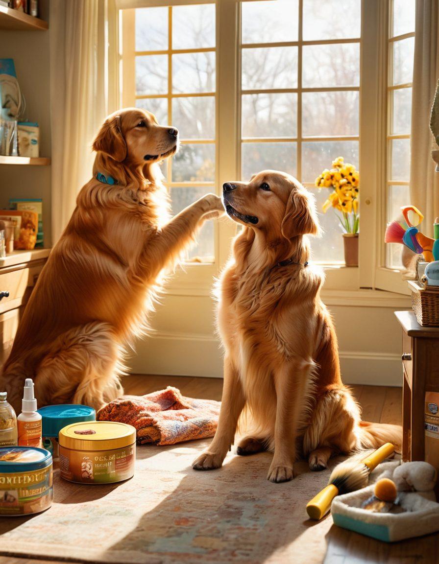 A devoted pet owner lovingly grooming a golden retriever, surrounded by various dog care essentials like brushes, treat jars, and training books. Sunlight streams through a window, creating a warm, inviting atmosphere, while playful pups frolic in the background. Emphasize the bond between humans and dogs, highlighting responsible pet ownership. vibrant colors. super-realistic. warm tones.