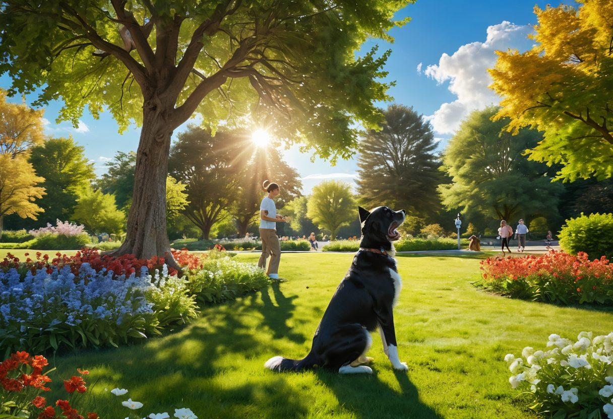 A warm and inviting scene of a person gently playing with a happy dog in a sunlit park, surrounded by blooming flowers and lush greenery, showcasing the bond between humans and their canine companions. Include playful elements like a frisbee and dog treats scattered around. The background features a soft blue sky and fluffy clouds, enhancing the cheerful atmosphere. vibrant colors. super-realistic.