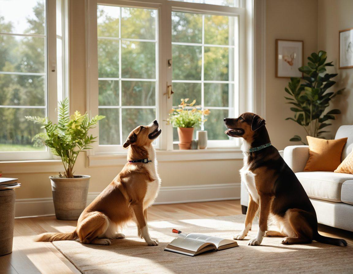 A serene living room setting with a happy dog and owner playfully interacting. The dog is displaying positive body language, while training tools like treats and toys are visible. Soft sunlight filters through a window, creating a warm atmosphere. An open book on dog behavior lies on a coffee table, symbolizing learning. The background features calming colors and nature elements, enhancing the theme of harmony. super-realistic. vibrant colors. warm tones.